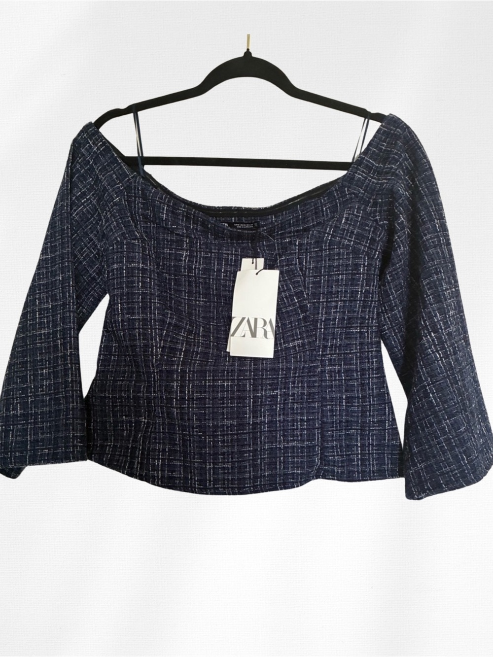 Zara Preppy Old Money Coquette Navy Tweed Blouse Dark Academia